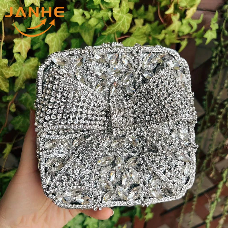 JANHE Crystal Begs Metal Chain Women Evening Box Bags Wedding Party Rhinestone Purse Handbags Clutch