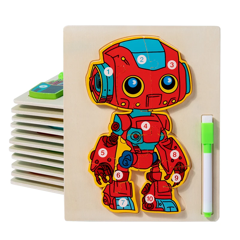 CE CPC New Montessori Wooden Puzzle Toy Double-sided Robot 3D Jigsaw Puzzle Drawing Board Educational Toys For Toddler