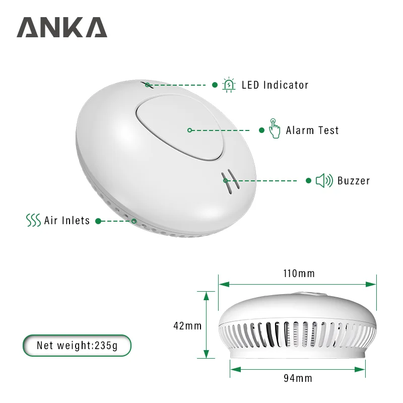 ANKA EN14604 stand-alone domestic fire alarm smoke detector ul listed smoke detector 10-year sealed battery