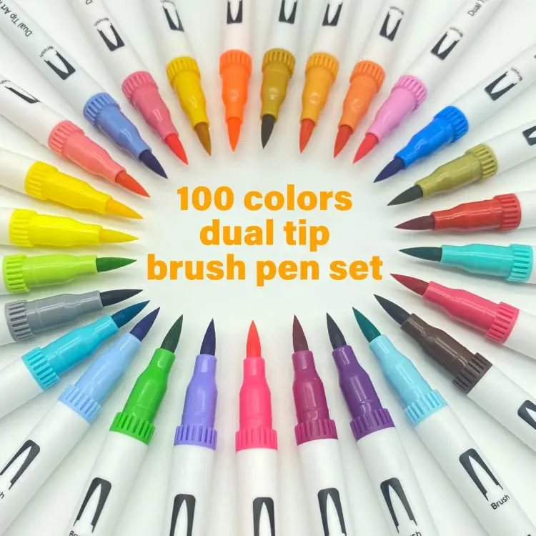 2023 factory new design dual tips watercolor brush pen with fineliner pen 100 colors water based ink brush marker pen