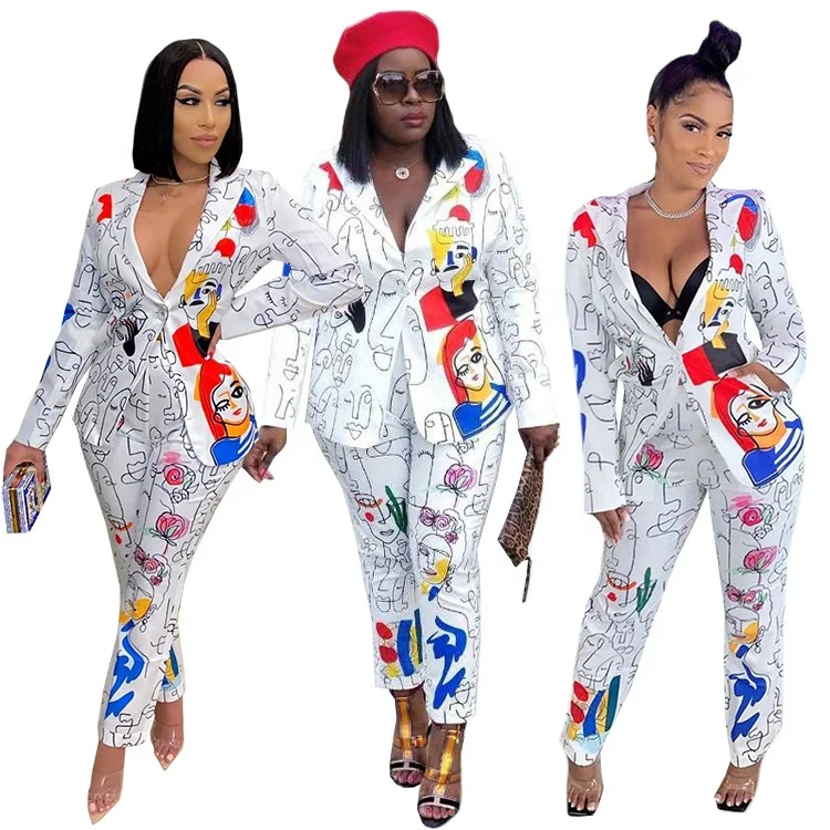 MT233-6042  Women Long Trench Coat and pants set Blazer Suit Women Cloak Floral Long tops and trousers Woman Suits Plus size 3X