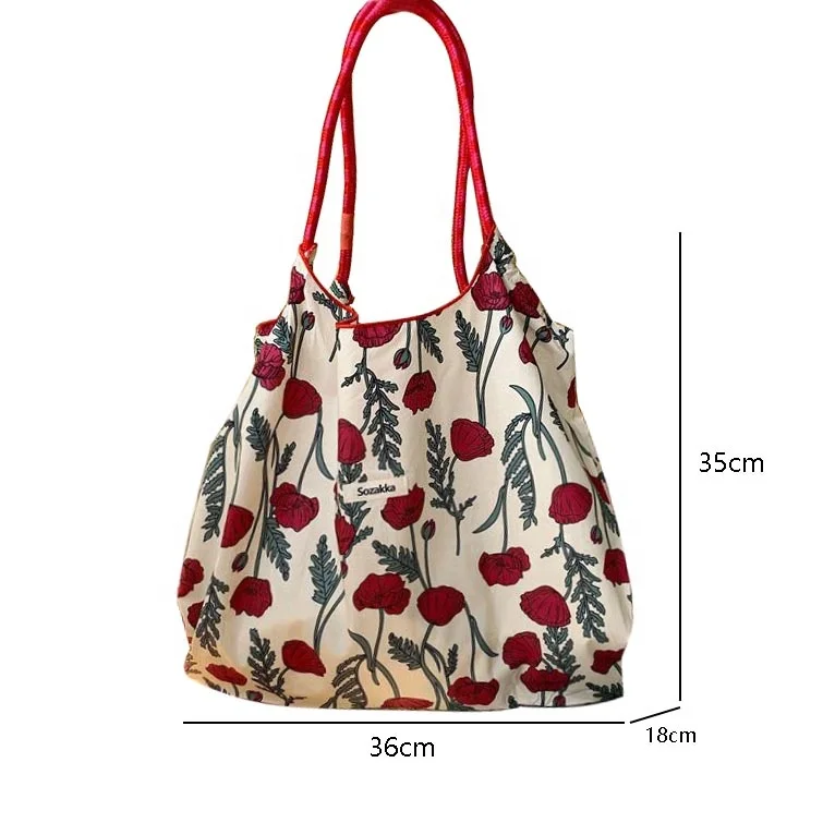 Large capacity Hand Drawstring Underarm Bag Lightweight floral portable cotton shopping shoulder bag