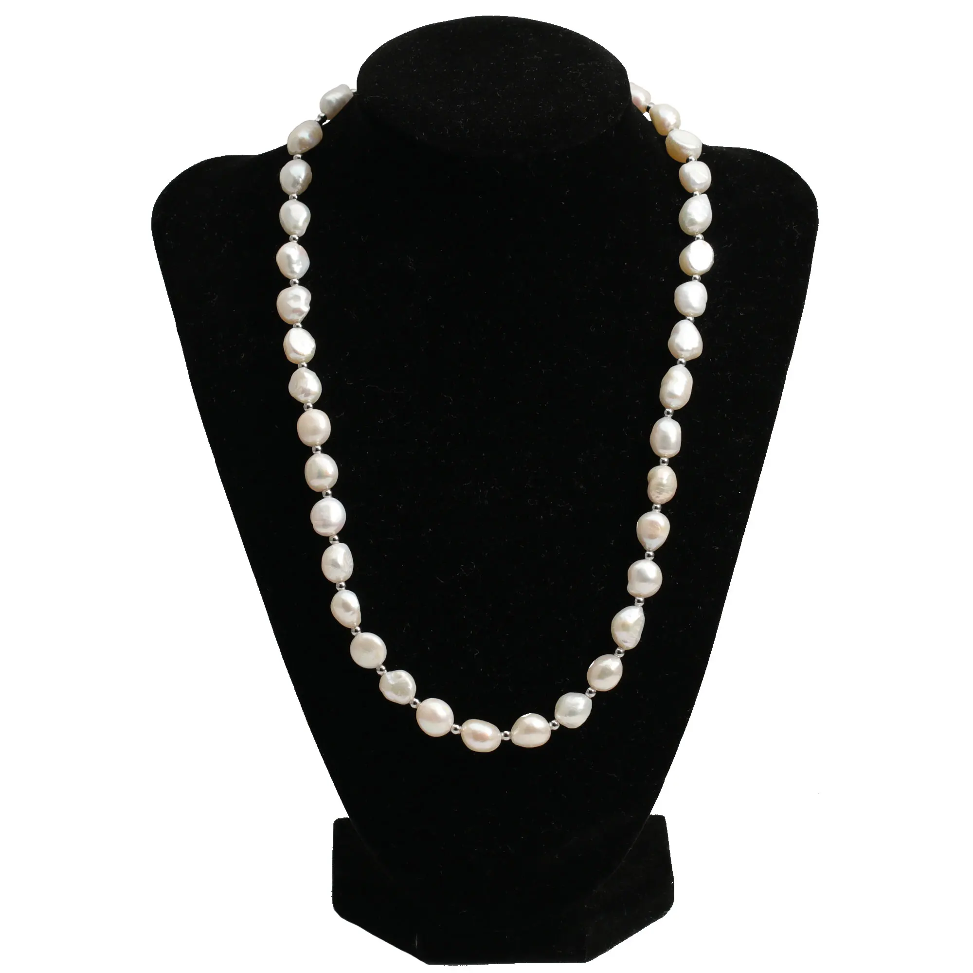 Tarnish Free Custom Jewelry Stainless Steel Silver Beaded Mens Baroque Natural Freshwater Pearl Necklace