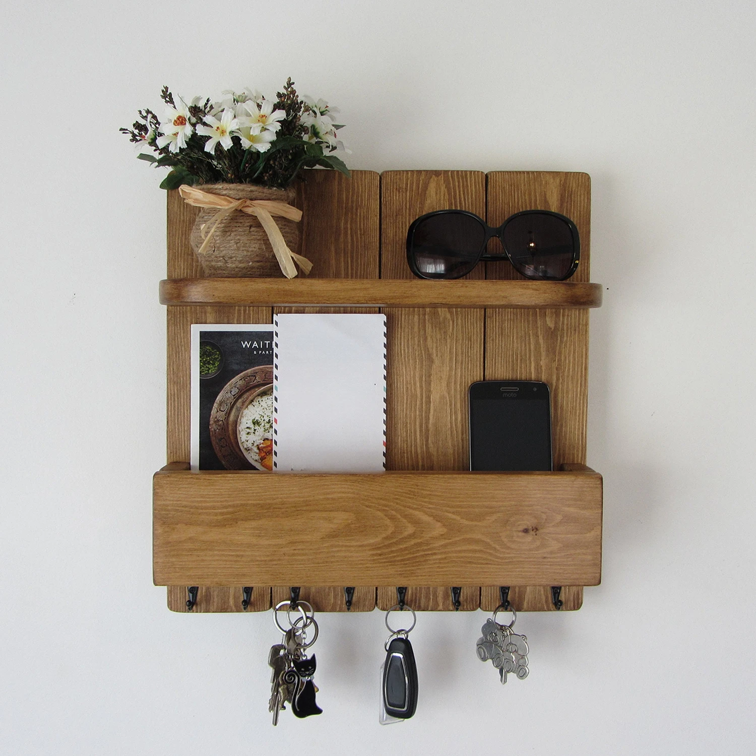 Entry Way Key Organizer Wall Mounted Mail Holder Wooden Wall Organizer Key Holder with Shelf Large Entryway Shelf with Hooks