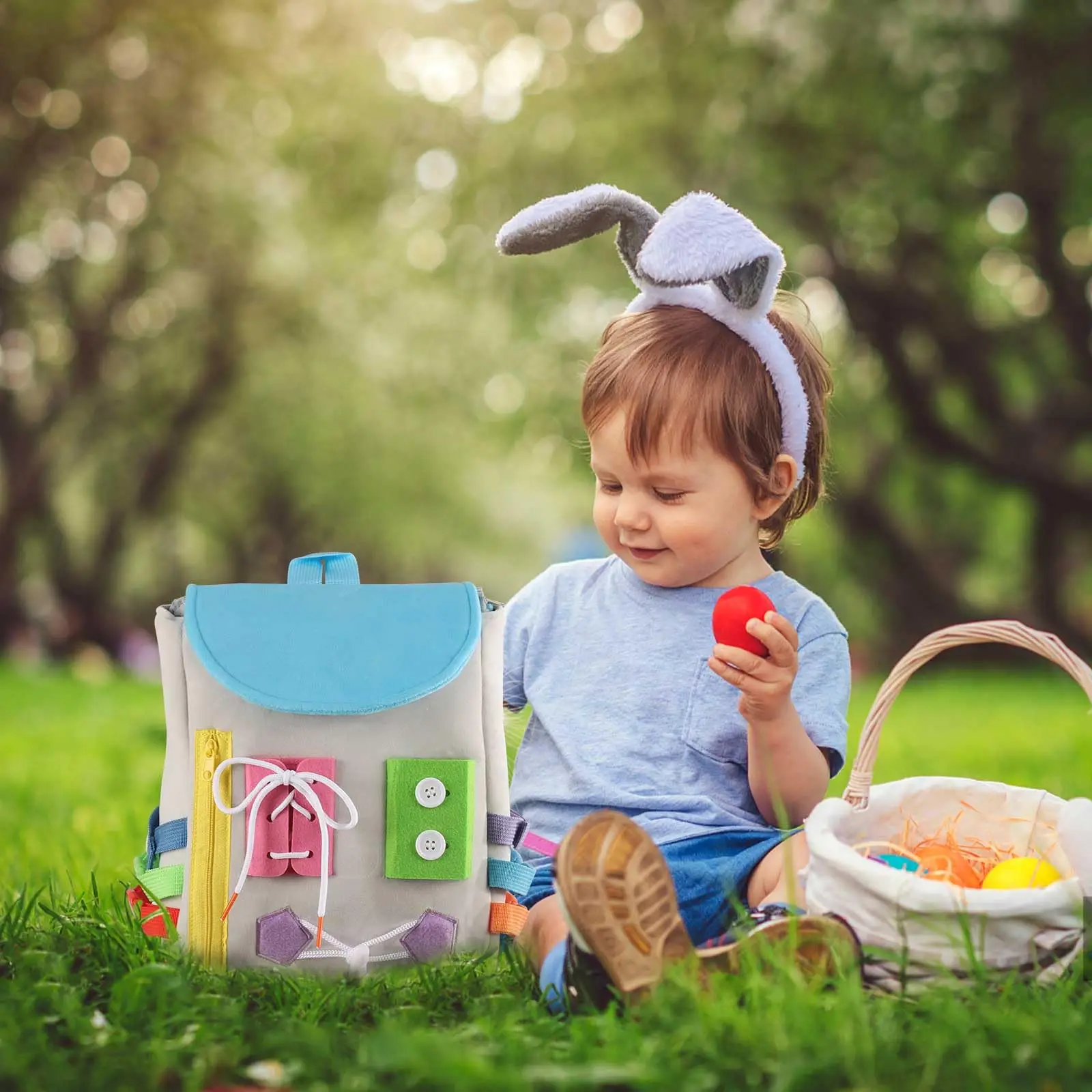 Interactive Diy Handmade Customization Educational Sensory Green Travel Non-Woven Felt Busy Board Backpack For Toddlers Kids