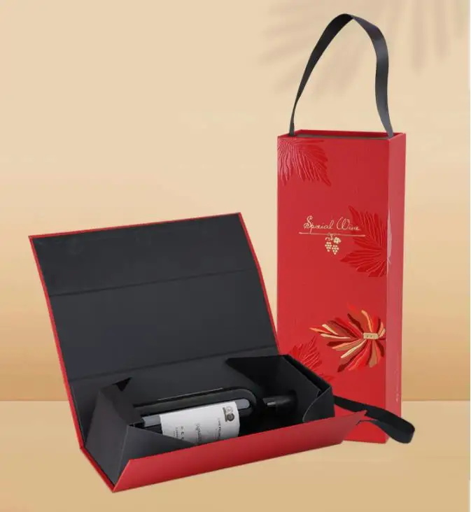 Custom Printed Paper Magnetic Single Wine Bottle Gift Packaging Box Folding Package