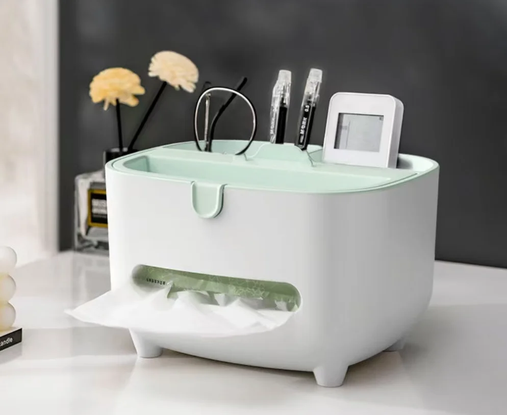 Tissue Storage Box,Multifunctional Tissue Box Office Desktop Stationery Storage Tissue Box with Phone Holder,Suitable for bathr