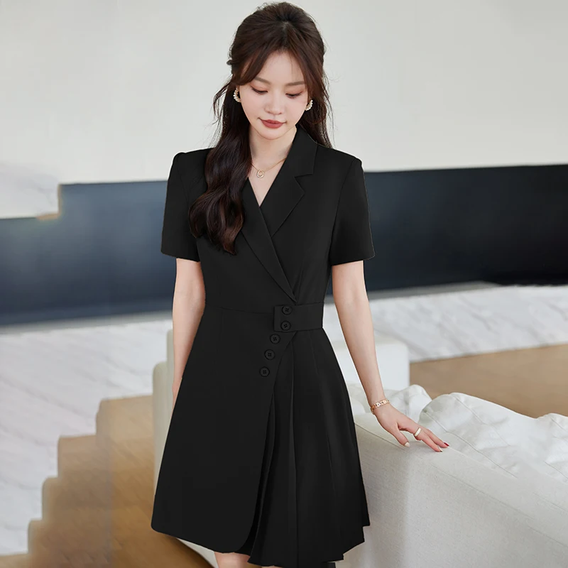 Summer short sleeved Elegant Women High Quality Button Dress with Pocket Blazer Dress