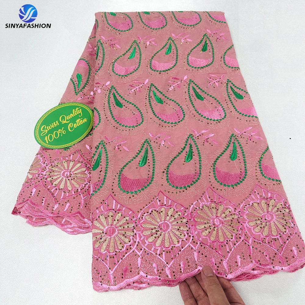 Sinya Embroidery African 100% Cotton Laser Cut Dry Lace Fabric With Stones 5 Yards High Quality Swiss Voile Lace In Switzerland