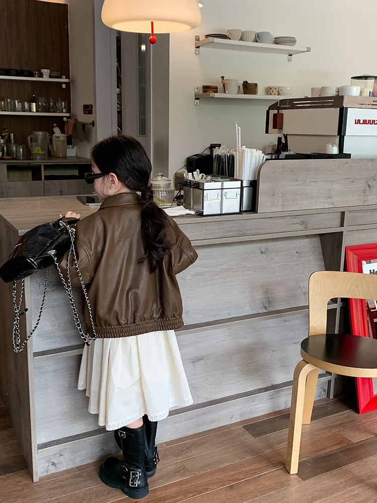 2023 fashion design little baby girl PU leather coat infant toddler kids solid brown jacket clothing boutiques 617