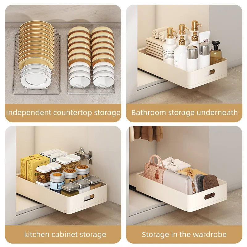 Stainless Steel Kitchen Dish Storage Rack Cabinet under sink Pull-Out Basket Drawer Tray Spice Rack Cabinet Dishes Organizer