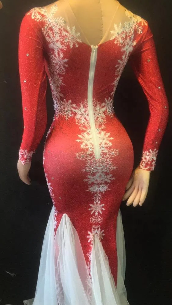 Christmas dress Rhinestones Body con Evening Party Dress Birthday Celebrate Costume Show Performance Dress