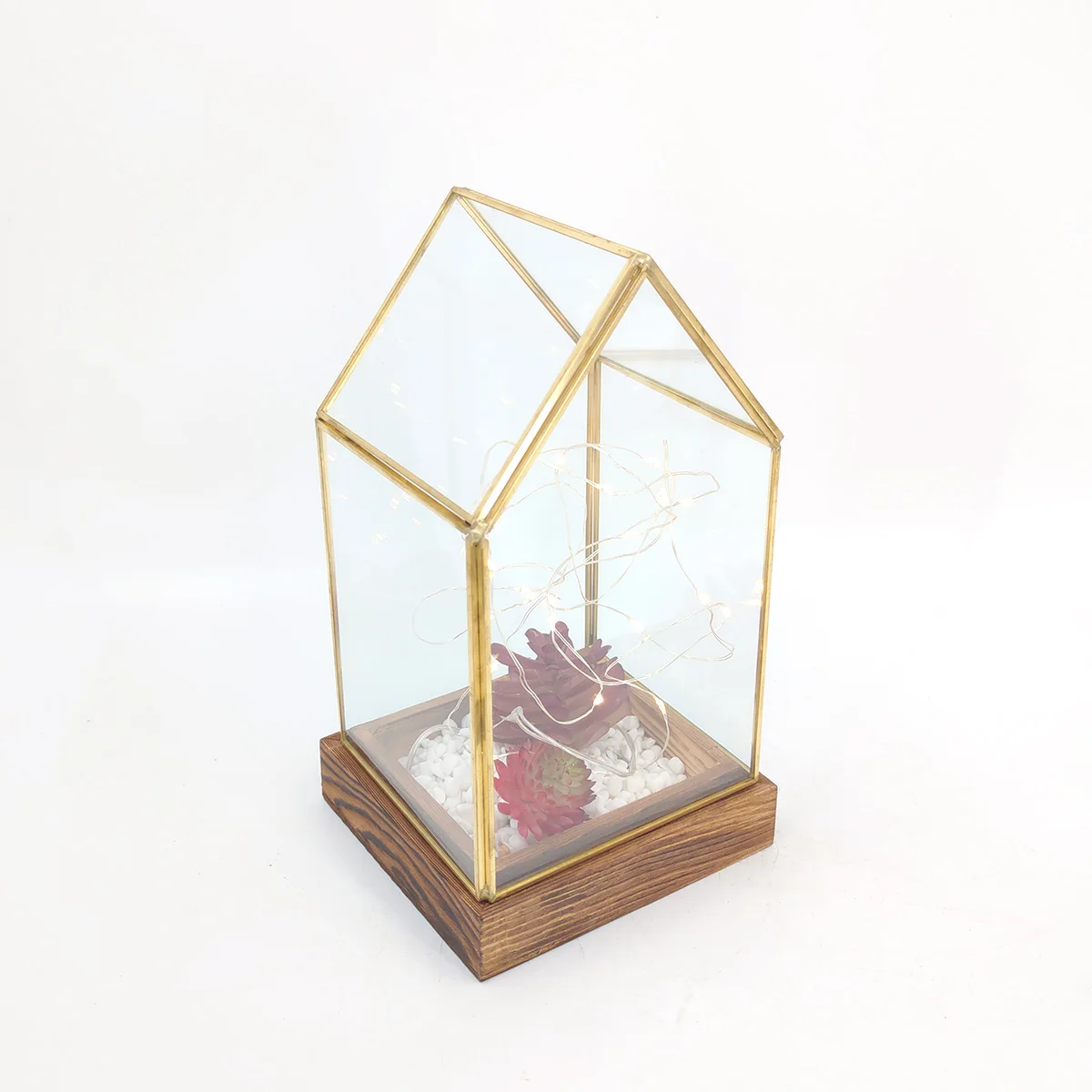 Desktop open large copper gold geometric cube glass succulents plants hanging terrarium wood base for sale