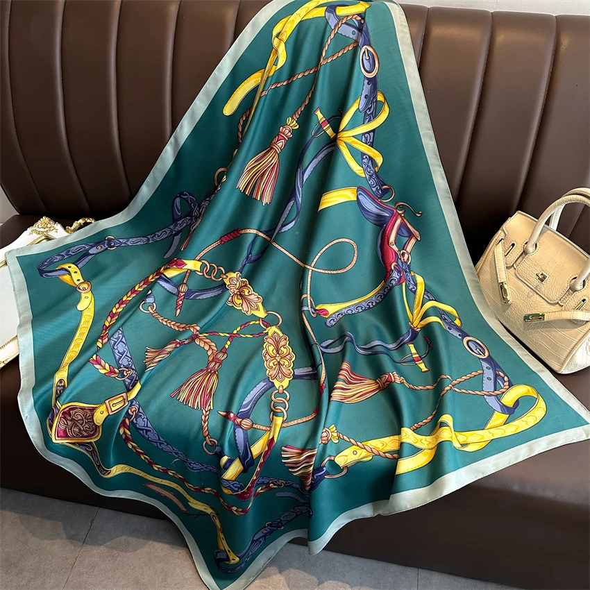 90CM  Twill Silk Square Hair Scarf for Women Summer Sunscreen Kerchief Hijab Bandanda Female Shawl Wraps Beach Stoles Echarpe