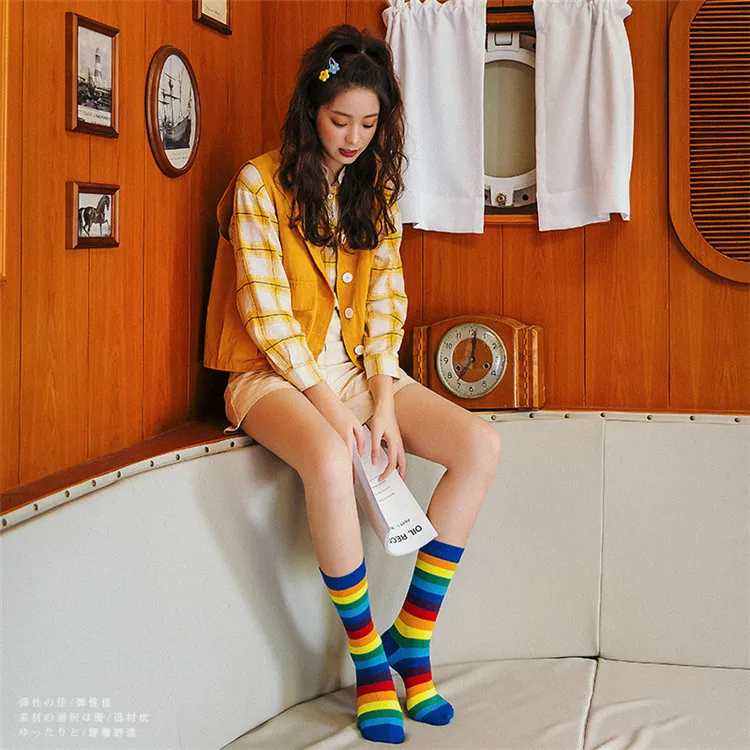 Spring fancy rainbow stripe pride women crew slouch socks young ladies girls couple ankle cotton socks