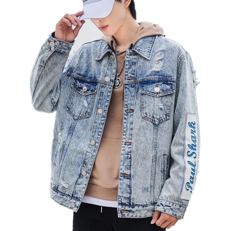 2021 New Fashion Acid Washed Denim Jacket With Big Patches Long Sleeve Distressed Patch Denim Jacket For Men