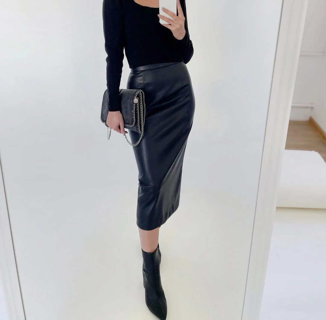 OOTN Zip 2021 Elegant Autumn Winter Female Midi Skirt Office Ladies Womens PU High Waist Bodycon Skirts Split Long Skirts