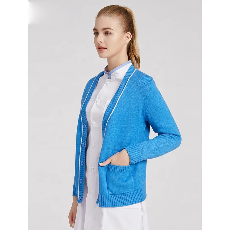 New Arrival Anti Wrinkle Wool Nursing Sweater Jacket Nurse Uniform Blue Cardigan