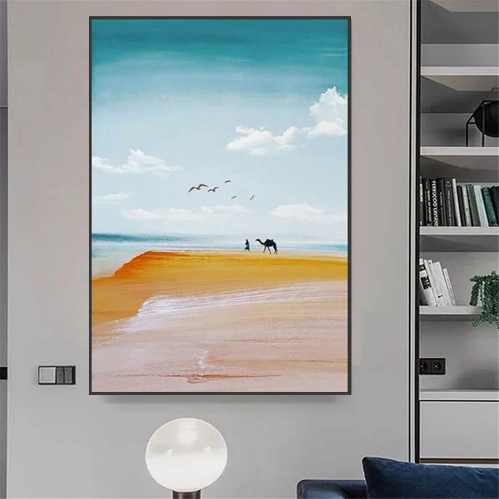 100% Hand painted living room decoration desert landscape blue sky sea camel seagull oil painting canvas wall art landscapes