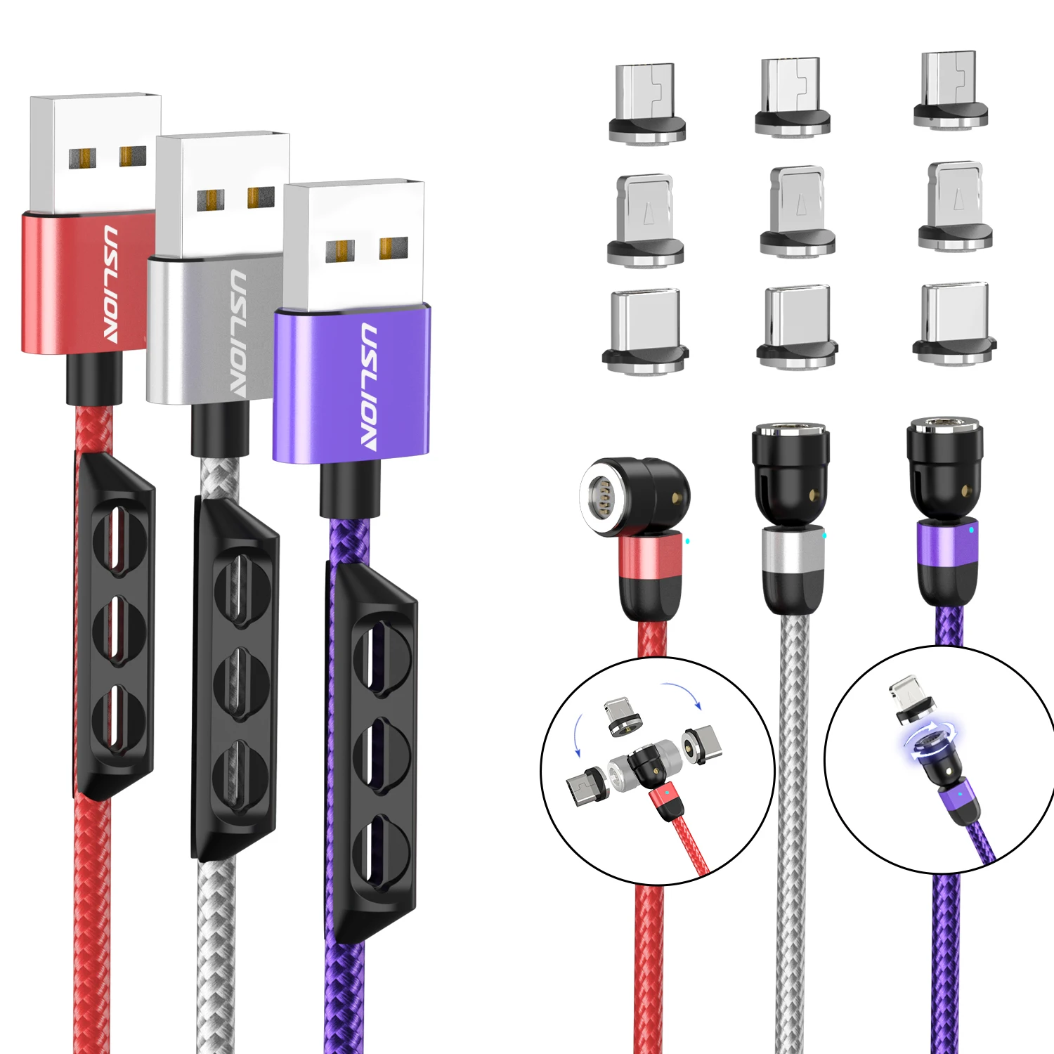 USLION Magnetic 3 in 1 charging cable 540 degree rotate type c fast charging magnetic usb cable magnetic charger cable