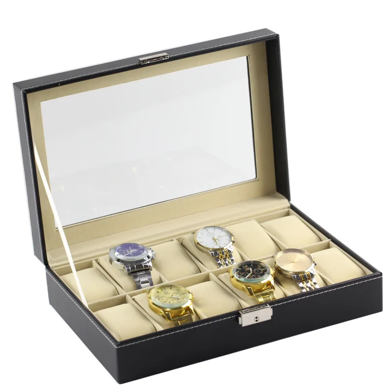 Customized Logo 12 slots glass window Genuine Jewelry box Leather Gift Box Watches Luxury Display Packing Travel Box