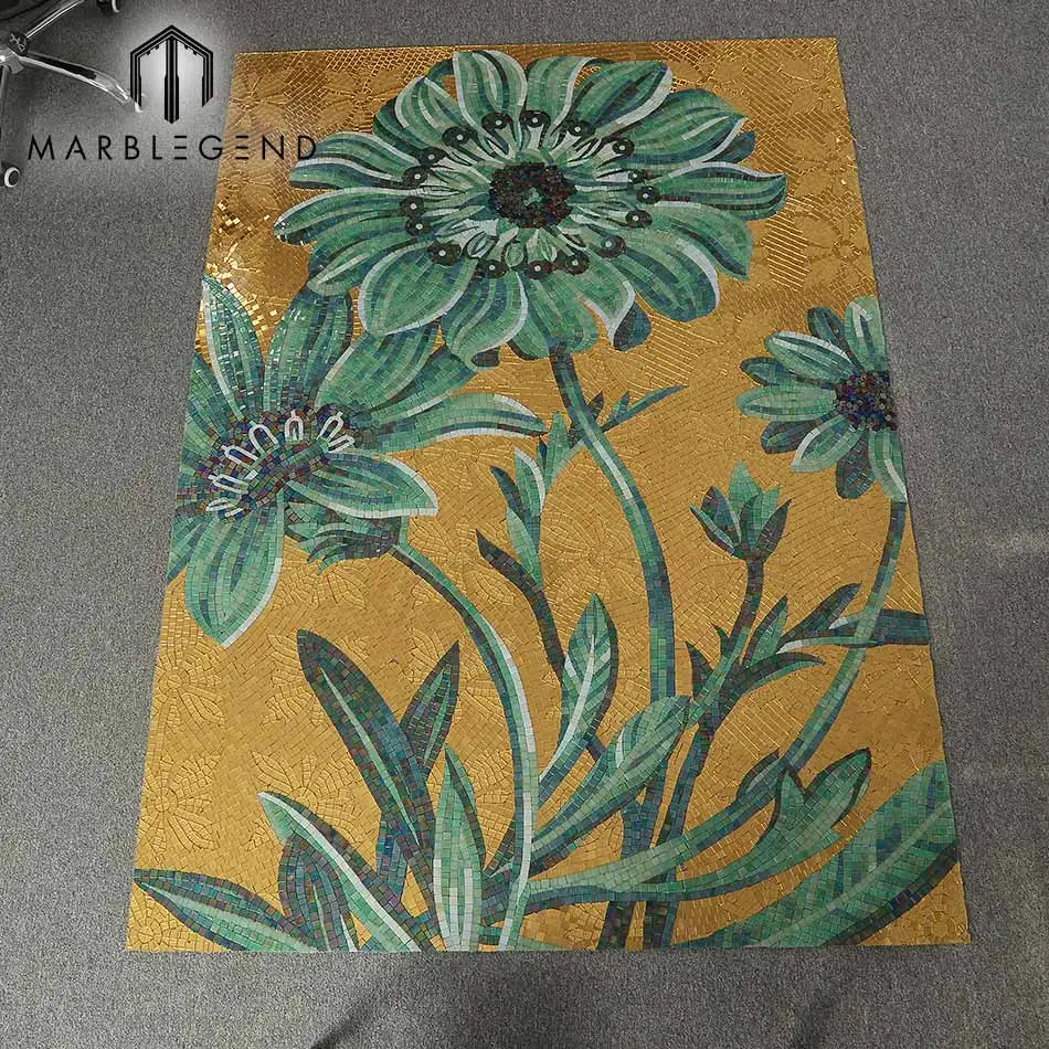 Custom bathroom wall pattern ice jade glass mosaic mural art flower mosaic wall