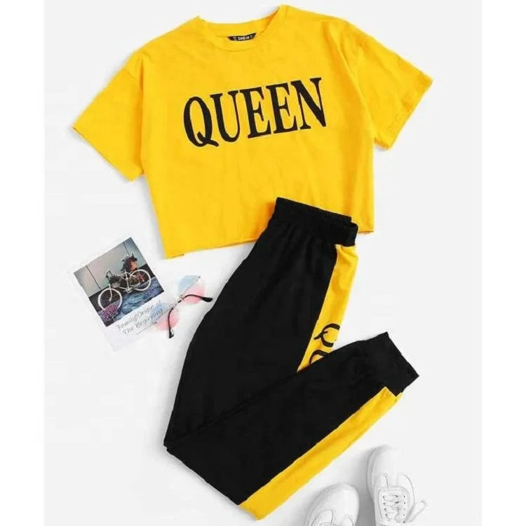 Manufacturer Custom Jogging Sets Patchwork Teen Girls Crop Top & Pants Set Letter Graphic Color Block Printing for Women Adults