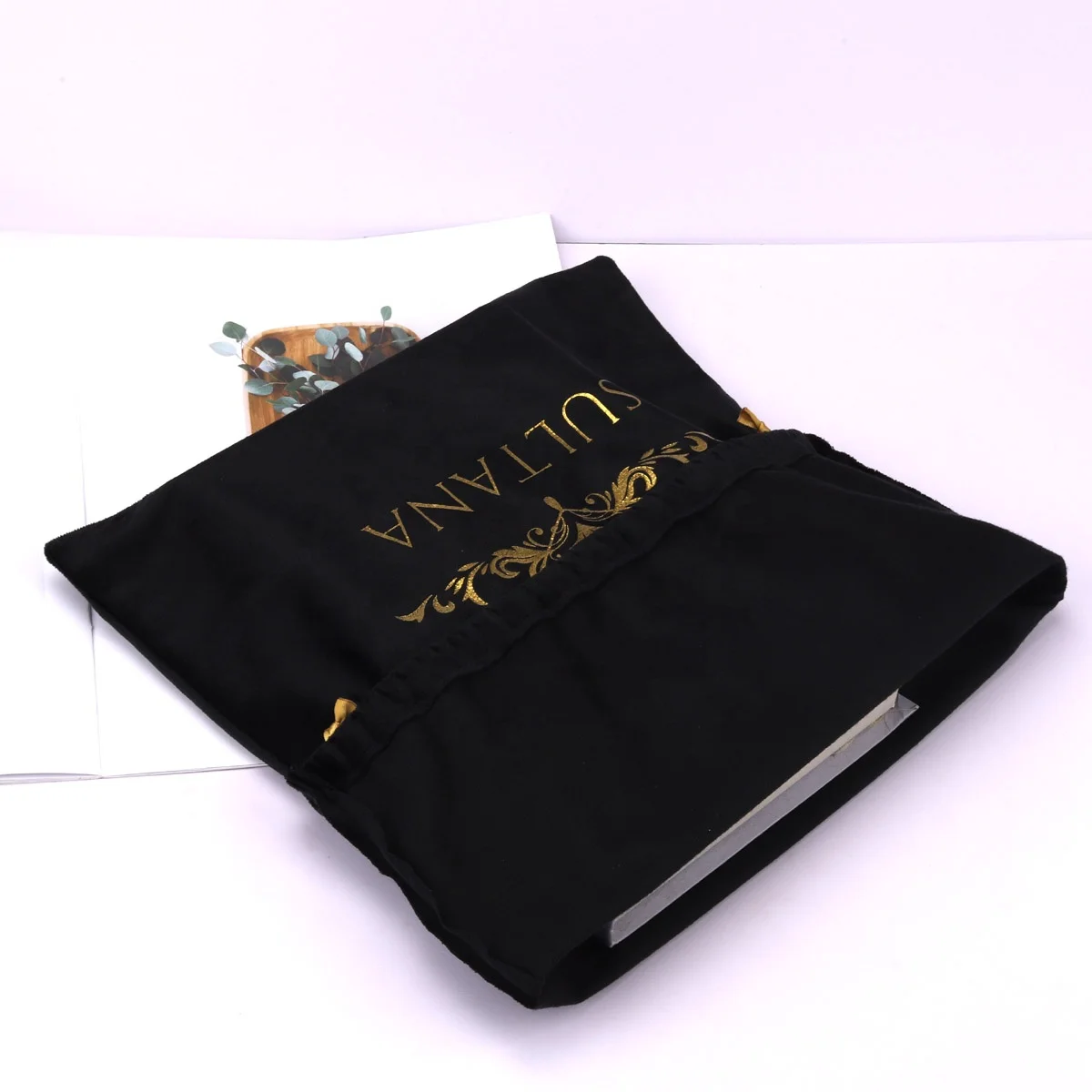 High End Custom Gold Logo Printed Velvet Dust Bag For Hat Drawstring Hair Dryer Storage Velvet Packing Pouch Bag