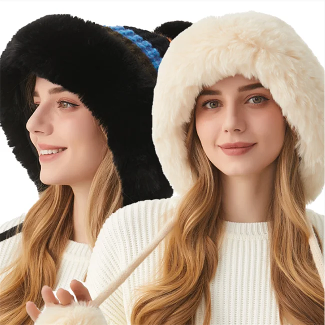 Latest 2024 Jacquard Knitted Women Winter Outdoor Warm Hats Ear Flaps Faux Fur Pom Pom Hat For Daily Wear Travel Shopping Skiing