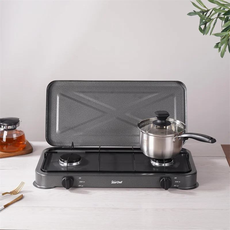 Custom Windproof Portable Home Cooking Safe Propane Two Burners Gas Stove Cooker With Lid