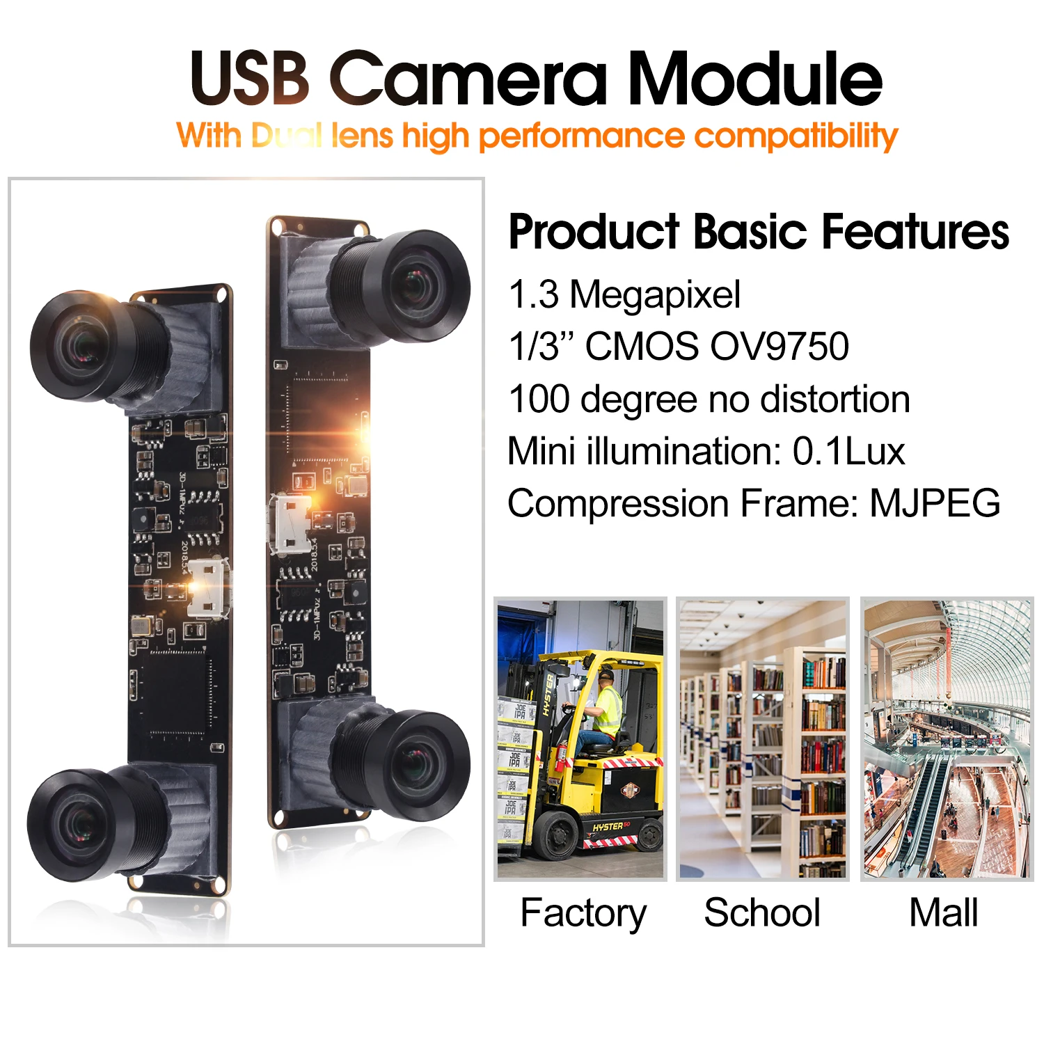 960P Synchronization Stereo Camera module MJPEG 60fps 2560X960 Dual lens CMOS OV9750 VR Camera Module for People Counting