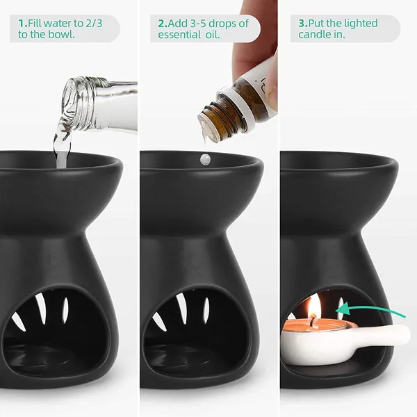 Hot sale ceramic oil burner wax melt warmer matte glaze black candle melt holder
