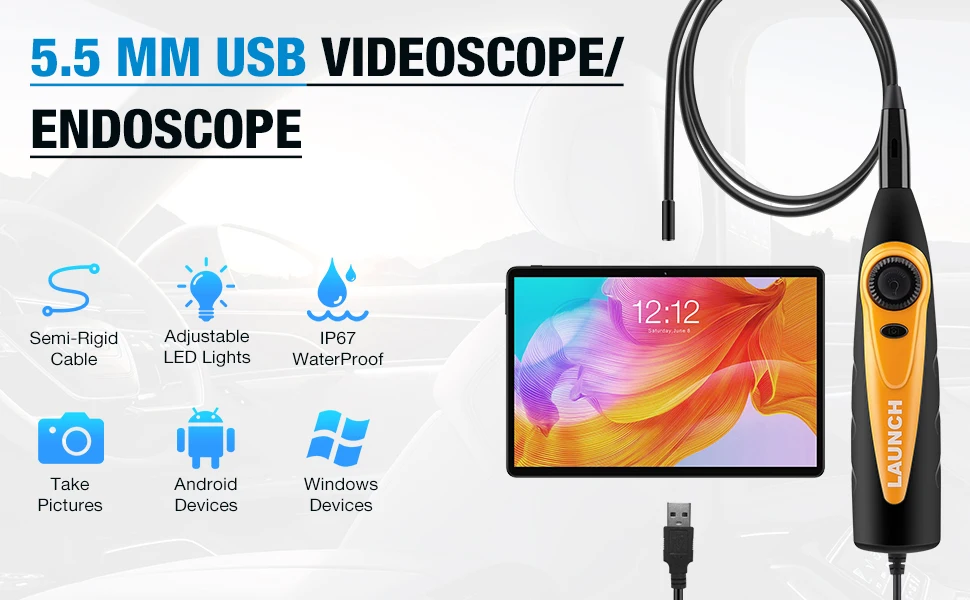 HD IP67 Video Borescope Camera 2M Cable 6 Adjustable LED Light Micro USB Type C Video Inspection LAUNCH X431 VSP600