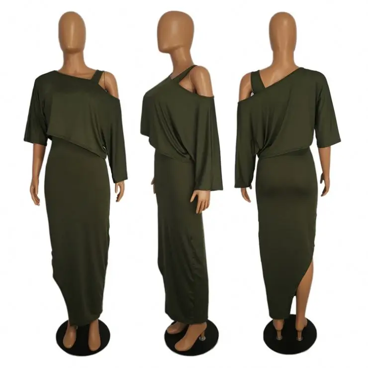  1119M019 new style solid split strap dress sloping shoulder top Long Dress Clothing Women Two Piece Sets 2 piece skirt