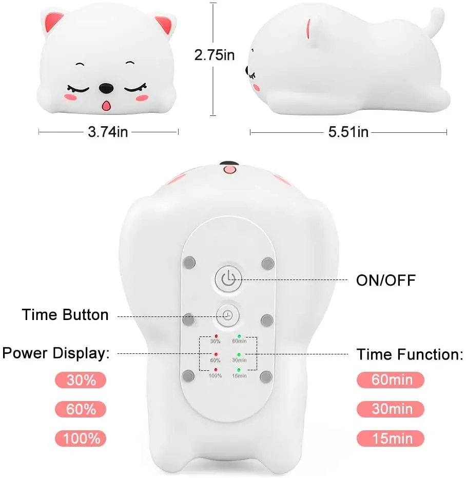 Cute Kids Night Light Silicone Sleeping Kitty Animal USB Rechargeable Portable Lamp Kawaii Kitten Table Nightlight