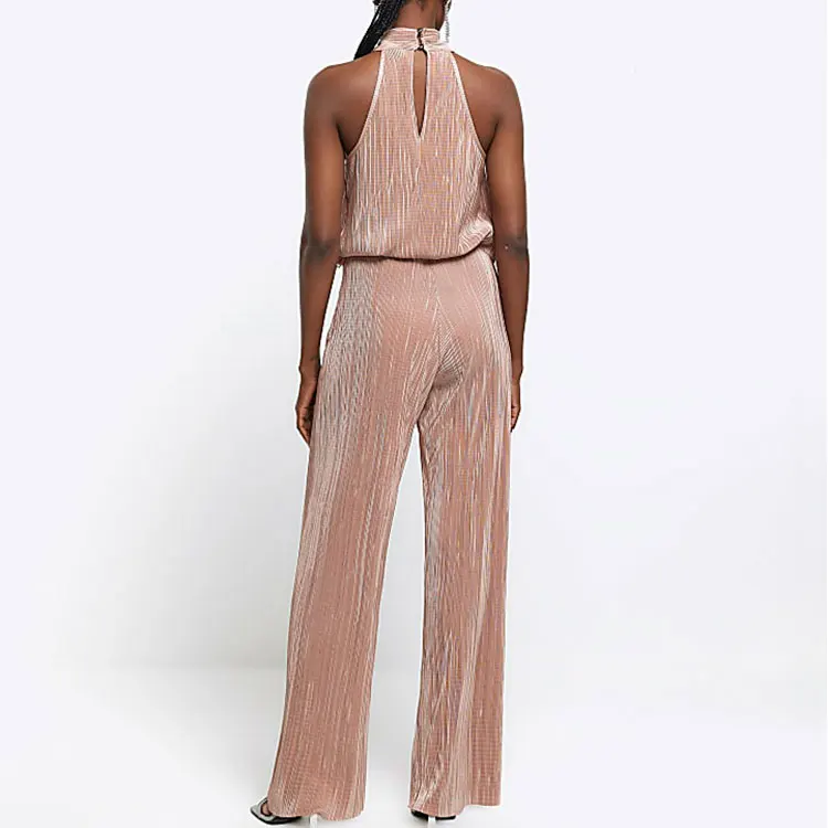 Rose Gold Plisse Halter Neck Women Tops and Bottom Set Sleeveless Layered Party Evening tank Top Blouse Elegant