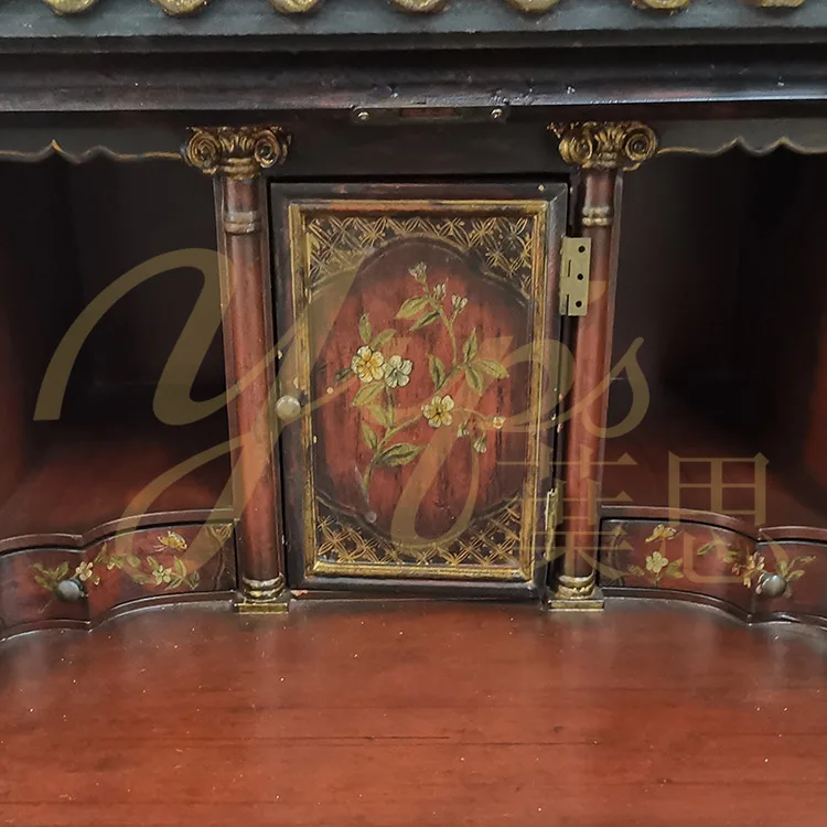 Yips LDF-1210-0319/LDC-1211-0032 European Style Handpainted Floral Pattern Antique-look Secretary Bookcase