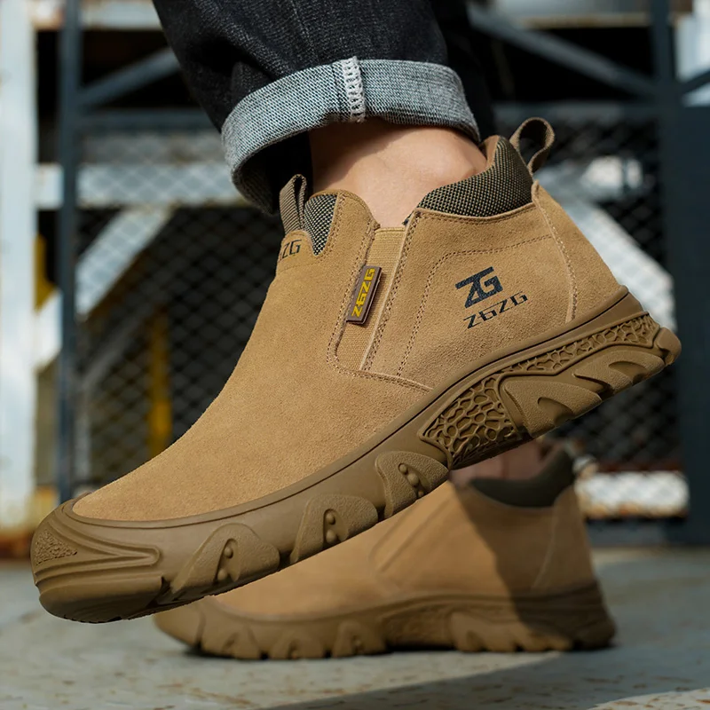 Hot Selling genuine leather  Welding Work Safety Boots, khaki Protective Shoes with steel toe, rubber outsole safety shoes