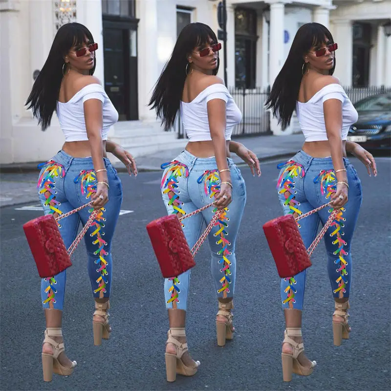 Sexy hollow women demin jeans skinny high-waisted denim trousers with eyelets color straps skinny plus size jeans denim ladies