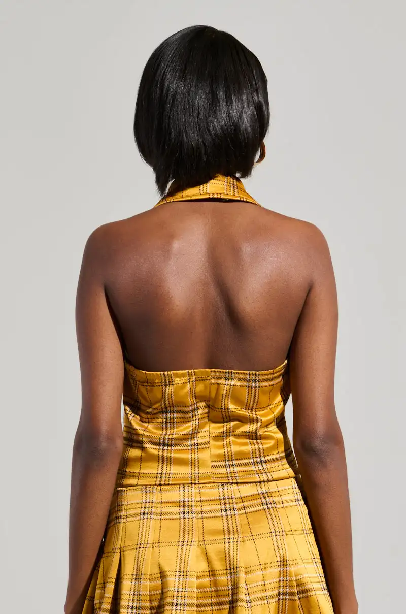 Oem Custom Clothing Manufacturer Halter Sleeveless Tartan Button Up Vest Tops + Pleat Mini Skirt Coord 2 Piece Set Women