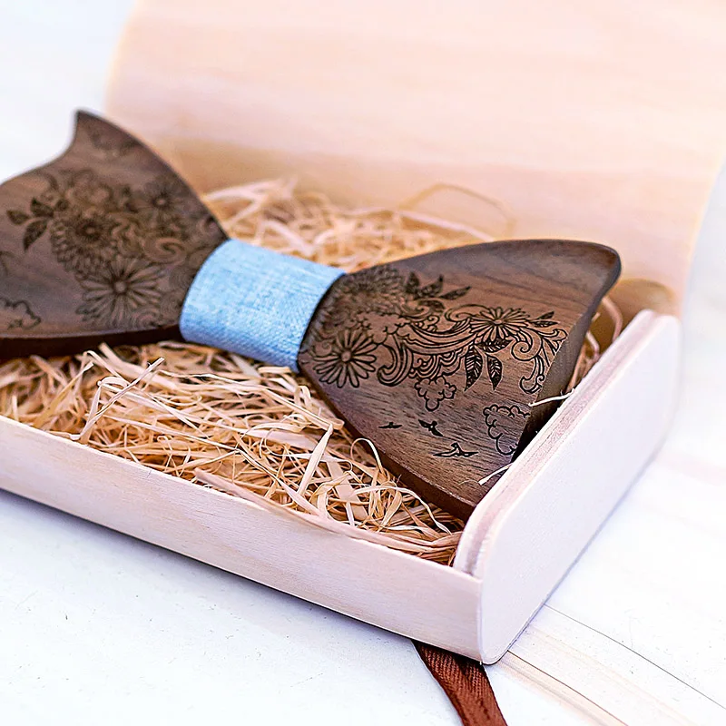 3D Wood Bowtie Handkerchief Cufflinks Sets for Mens Suit Wooden Bow Tie Bowknots Wedding Party Ties Cotton Engraving Cravat