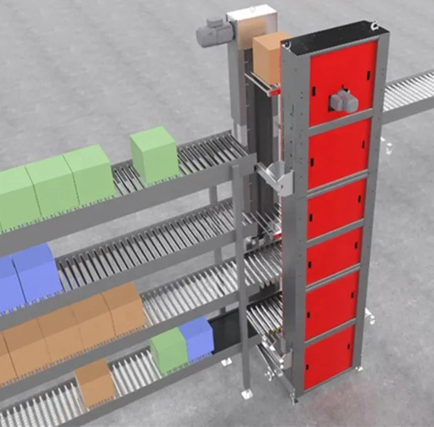 Compact Beverage Carton Boxes Cases Trays Bags Automatic Rotative Vertical Chain Sorting Conveyor Lifter Machine