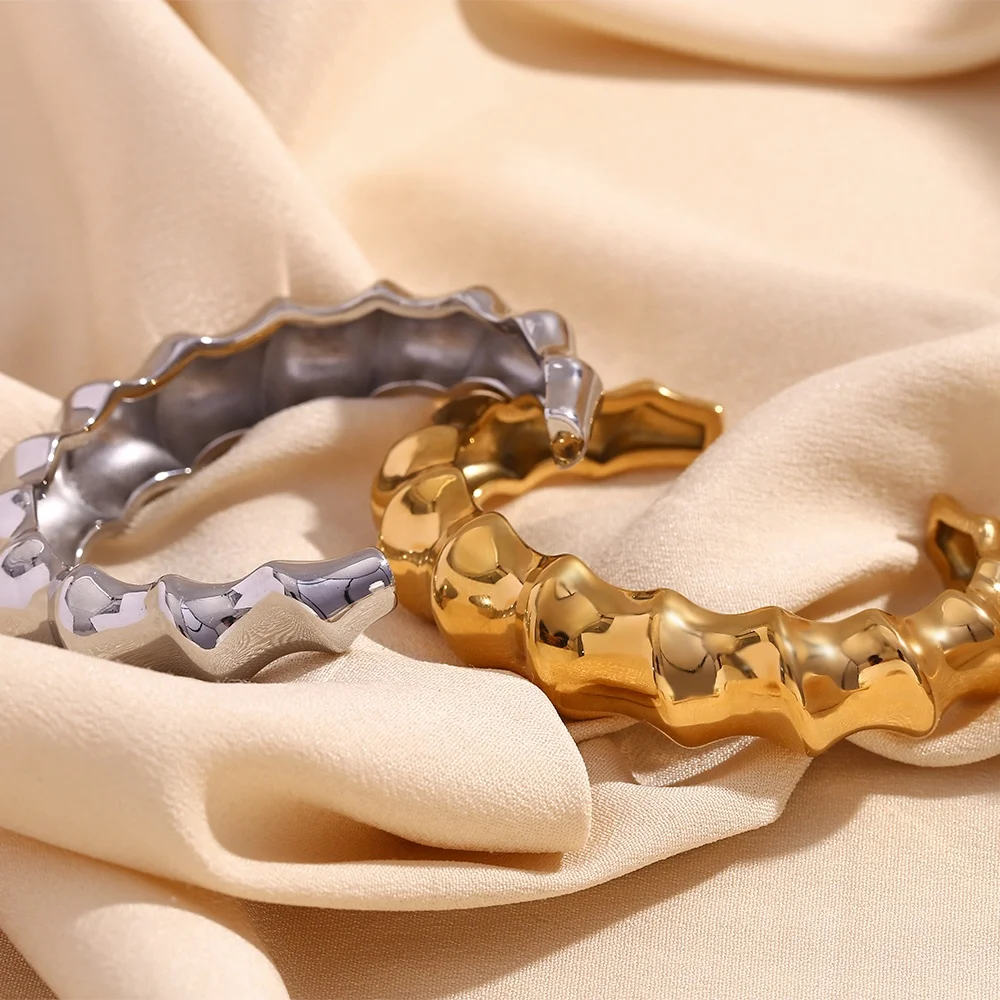 Summer Jewelry Chunky Statement Cuff Bangle Hollow Bamboo Design Gold Plated Stainless Steel Jewelry