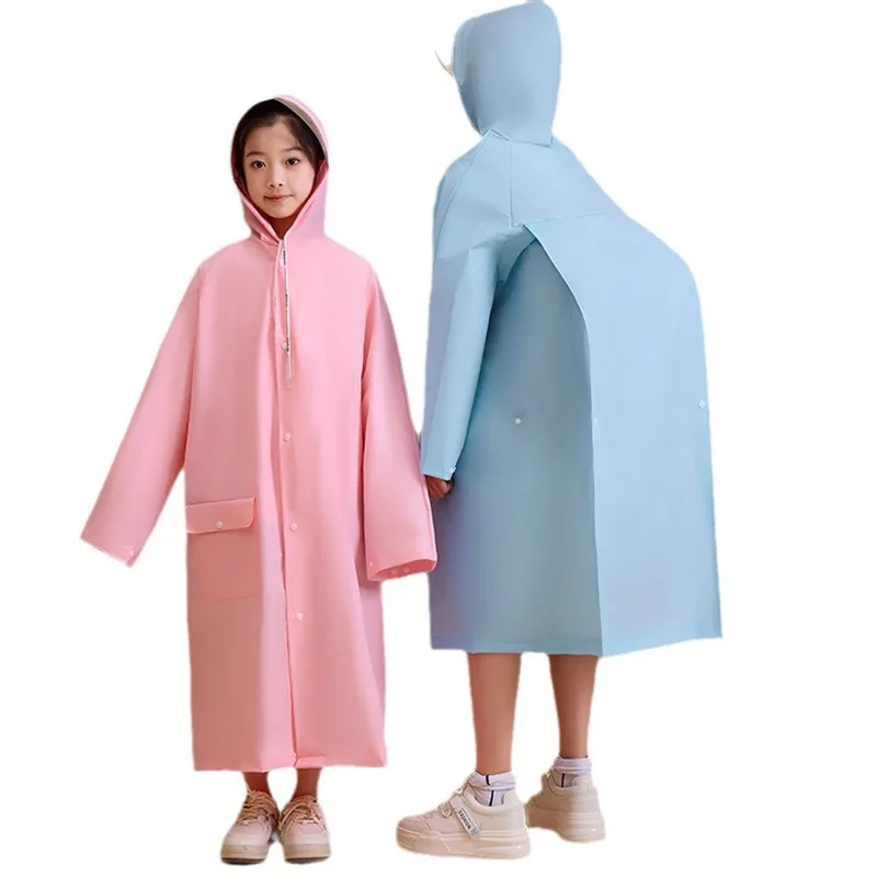 Solid Color Portable Raincoat Long Style Eva Materia Kids Raincoat Waterproof Big Hat Brim Ladies Raincoat