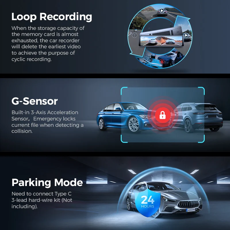 AZDOME PG18S 11.26' Touch Screen Sony Sensor 4K+FHD GPS Dash Cam 4K Auto Car Camera Mirror Dashboard Camera Universal