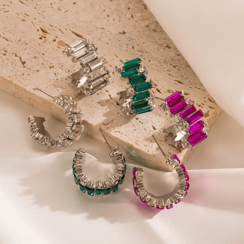 High Quality Fashion Earrings With Colorful Zircon Personality C-shaped Stud Earrings For Women Jewelry