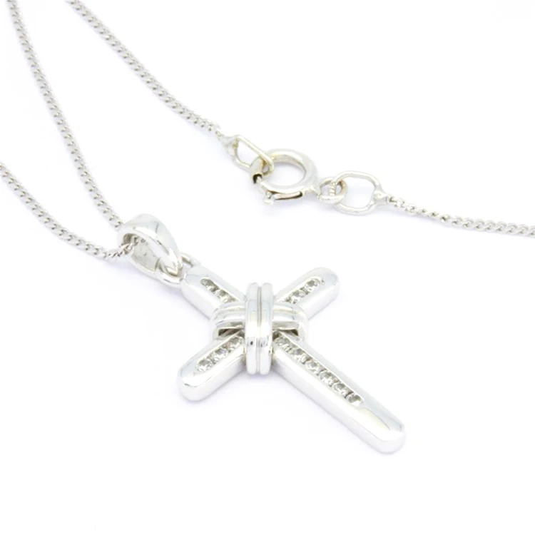 New Design 18K Real Gold Jewelry Wholesale White Gold Natural Diamond Catholic Christian Diamond Cross Necklace