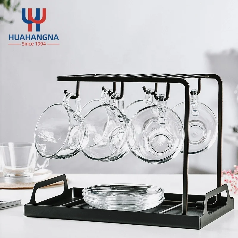 210ml 7oz Premium Customized Logo Lightweight Durable Clear Glass Tea Cups and Saucers Sets of 6 for Hot Latte Beverages