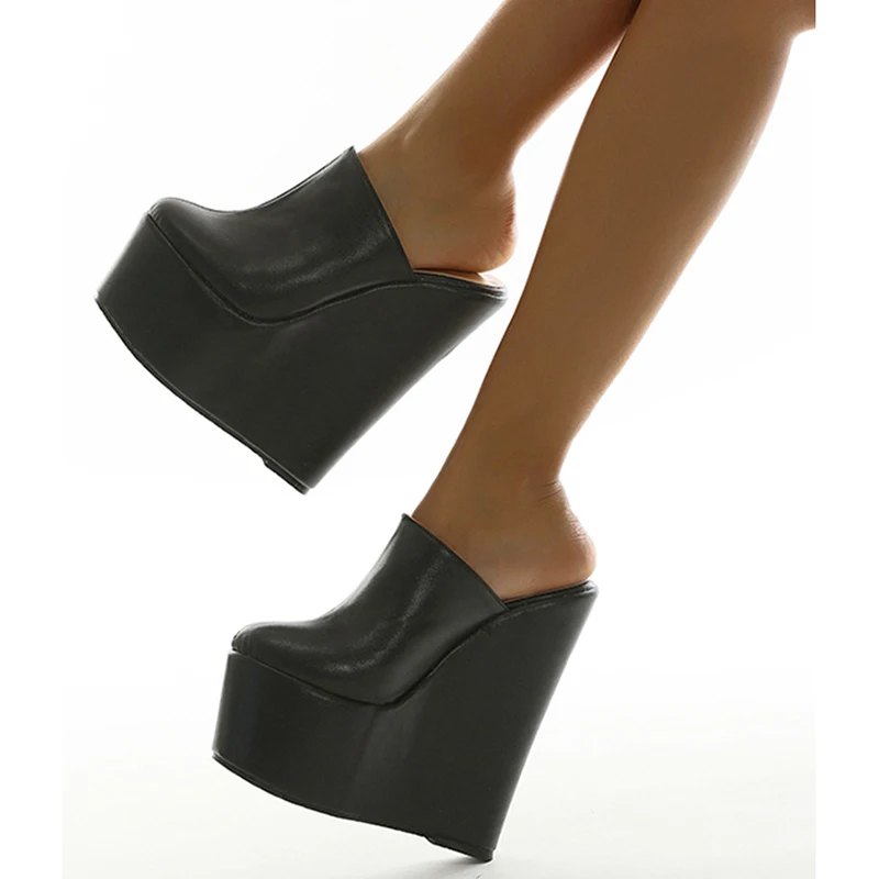 High-quality Platform Wedges Sandals Boots Round Head Pumps Slippers Summer Shoes Woman Sexy Super High Sandal Slippers Black 42