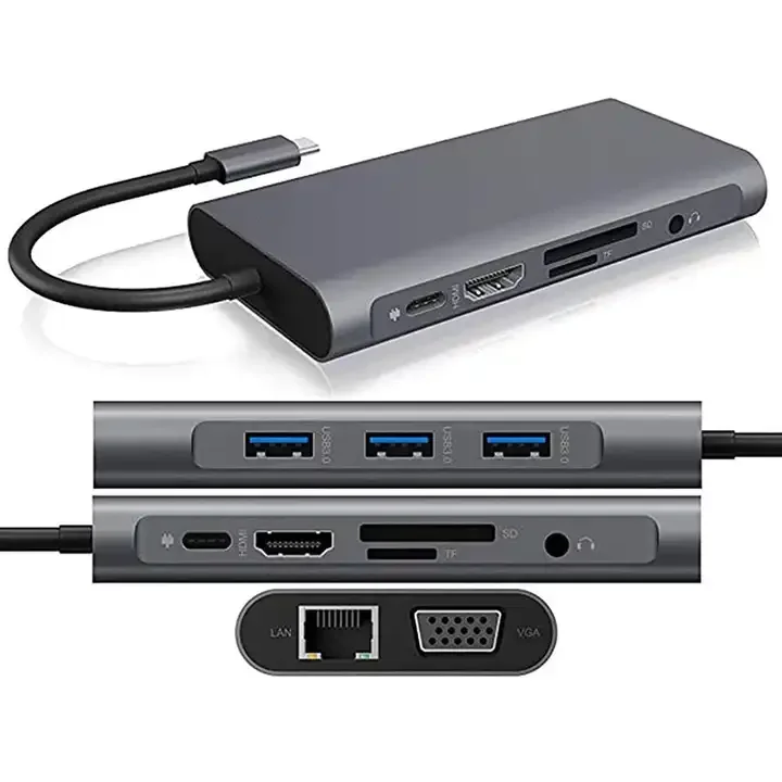 USB Type C HUB Docking Station 8in1 with HDTV+VGA+1000M Ethernet+3 USB 3.0+SD/TF+USB-C PD+3.5mm Audio charging HUB